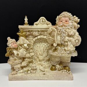 Festive Vintage Santa & Child Figurine W/Fireplace Cream/Gold EUC